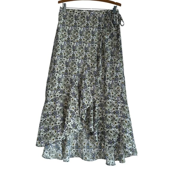 Max Studio Pull On Faux Wrap Maxi Skirt Sz M Green Floral Cottage Fairy Ruffle - Picture 1 of 7